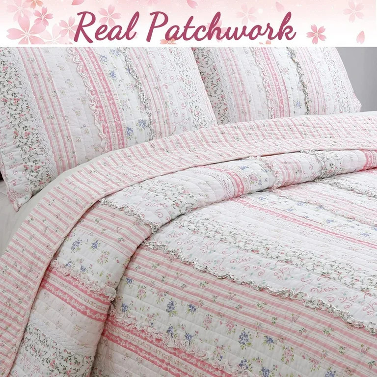 Cozy Line Shabby Chic Floral Ruffle Stripe 100% Cotton Reversible Quilt Set (Pink, Queen - 3 Piec... | Walmart (US)