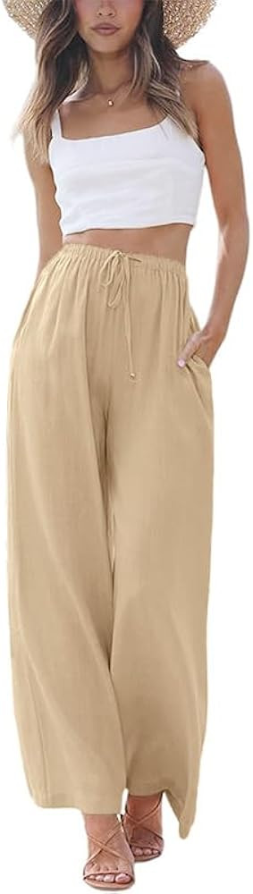 Linen High Waisted Wide Leg Palazzo Pants for Women Casual Summer Drawstring Trousers Flowy Beach... | Amazon (US)