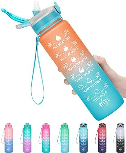 MEITAGIE 32oz Leakproof Motivational Sports Water Bottle with Straw & Time Marker, Flip Top Durab... | Amazon (US)