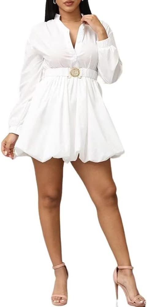 Aladeno Women Sexy Button Down V Neck Mini Dress Short Sleeve Bubble Hem Shirt Dresses with Belt ... | Amazon (US)