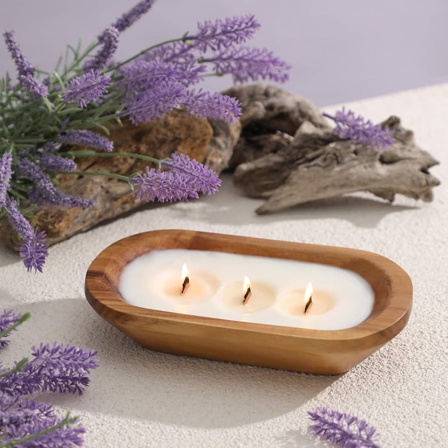 Wooden Bowl Soy Candle 10 Inch, Large Farmhouse for Table, Lavender Scented, 3 Wood Wicks, Christ... | Amazon (US)