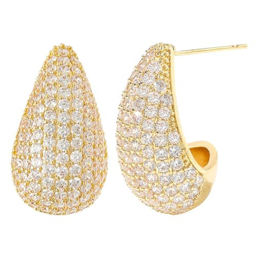 Chunky 18K Gold Plated Hoop Earring Silver Teardrop Earrings for Women Water Drop Lightweight Rhinestone Crystal Dangle Jewelry Wedding Bridal Bridesmaids Valentine's Gift for Woman Lover Mom | Amazon (US)