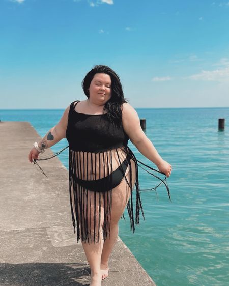 Plus size beach outfit 
Plus size swimsuit from Aerie wearing a size XXL (I wear my bikini bottoms backwards)
Fringe top from ELOQUII size 20

#LTKplussize #LTKswim #LTKmidsize