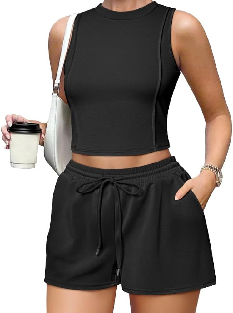OQQ Two Piece Sets for Women Summer Outfits Lounge Sets Crew Neck Tops Wide Leg Shorts Vacation T... | Amazon (US)