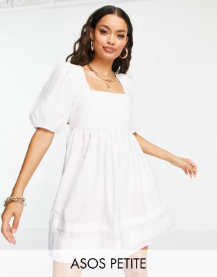 ASOS DESIGN Petite cotton square neck mini smock dress with open tie back in white | ASOS (Global)
