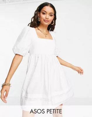 ASOS DESIGN Petite cotton square neck mini smock dress with open tie back in white | ASOS (Global)