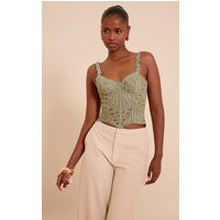 Sage Green Strappy Textured Sheer Floral Lace Corset | PrettyLittleThing US