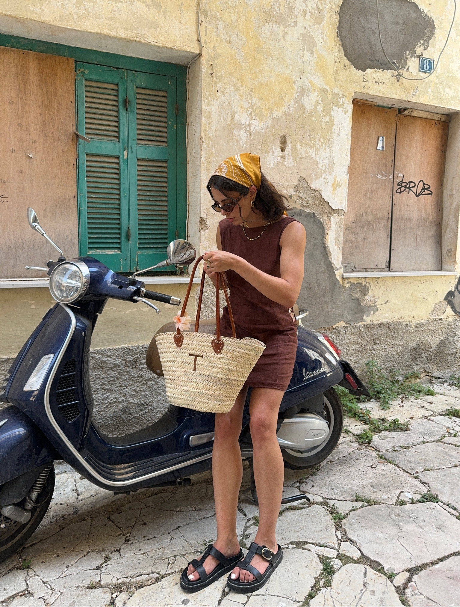 Vrg grl, Bobbies, Etsy, summer outfit, holiday outfit, linen dress, mini dress, raffia bag, bucket bag, leather sandals, head scarf, summer outfits, holiday outfits 

#LTKeurope #LTKsummer #LTKstyletip