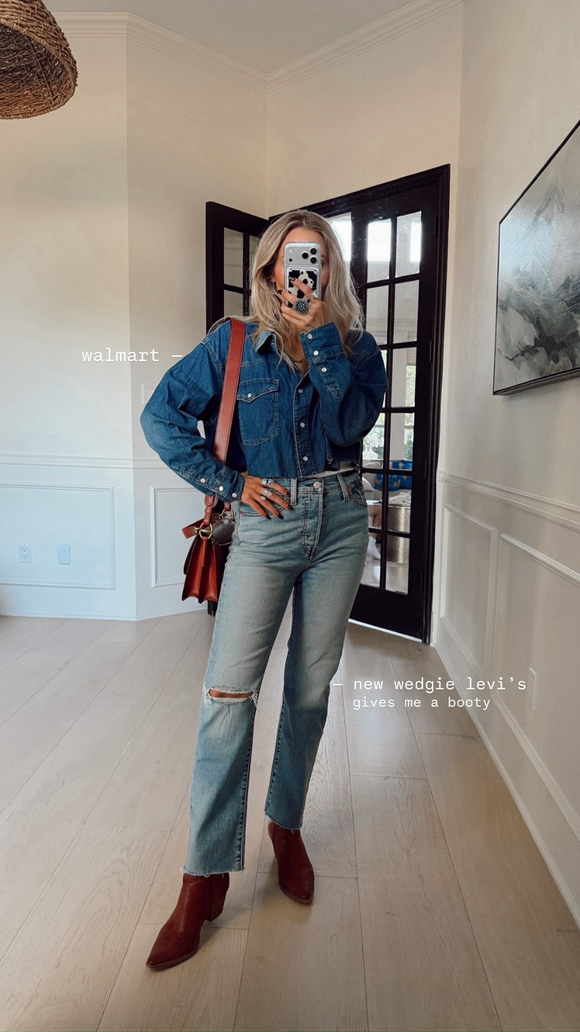 Denim on denim vibes. 

Walmart top: size s / my tts 
New wedgie jeans: size 27 // my tts 
Shoes: Fp
Purse: it’s oos, I had to buy from eBay! 

#LTKWorkwear #LTKStyleTip #LTKFindsUnder100