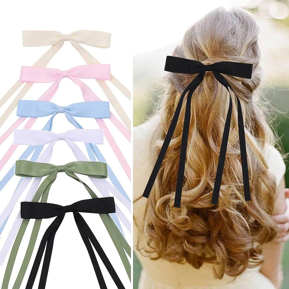 Purggy 6 Pcs Hair Bow Clips for Girls, Bow Hair Clips for Women, Hair Ribbon Hair Bows with Long ... | Amazon (US)