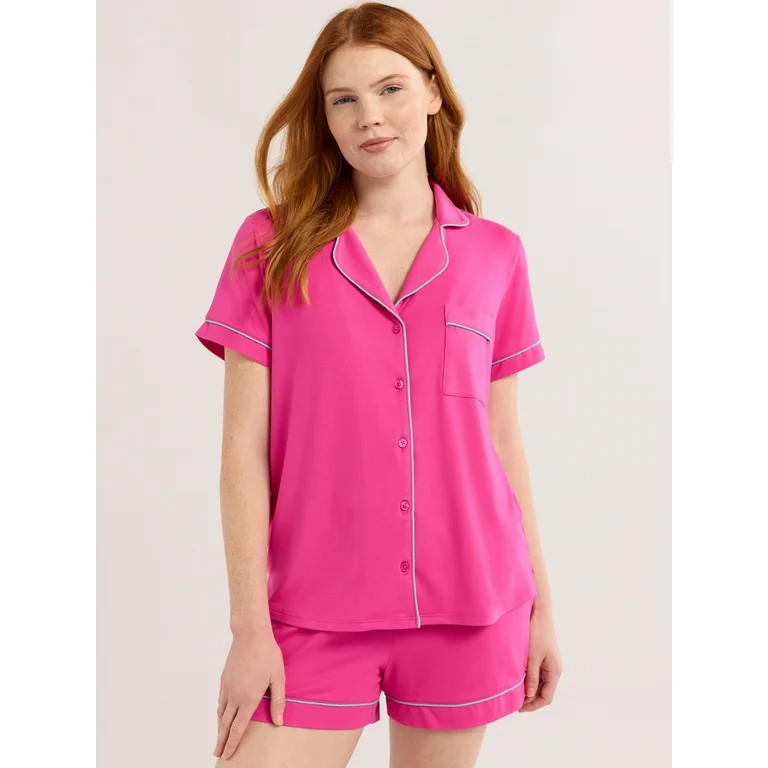 Joyspun Women’s Short Sleeve Knit Notch Collar Top and Shorts Pajama Set, 2-Piece, Sizes XS-3X | Walmart (US)