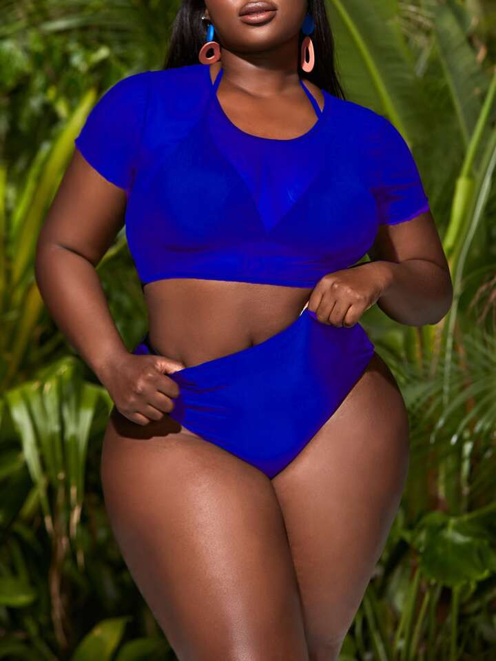 Plus Solid Bikini Set Halter Triangle Bra & High Waisted Bottom & Sheer Cover Up Top 3 Piece Bath... | SHEIN