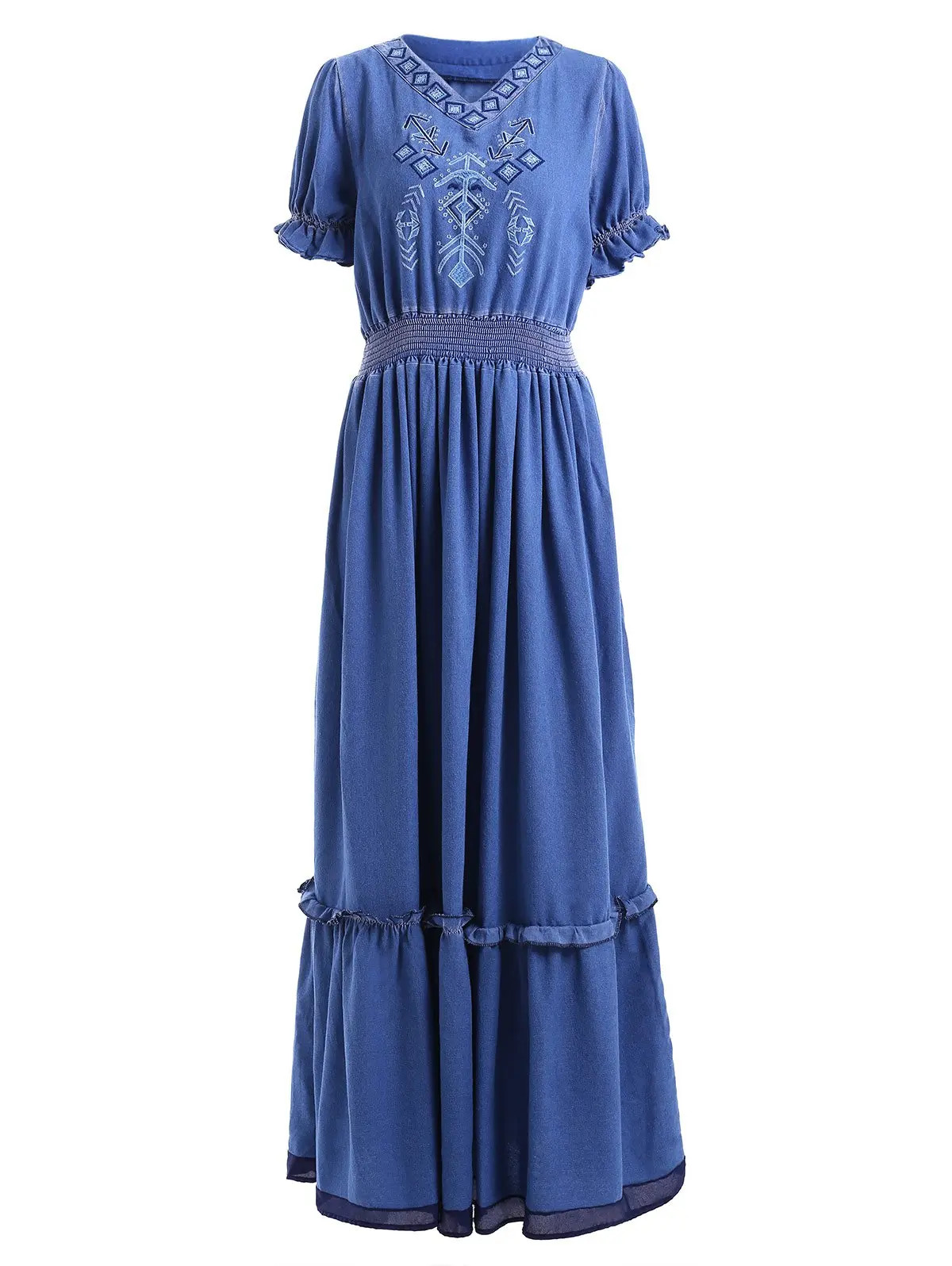 V Neck Long Frill Trim Denim Dress | Rosegal US
