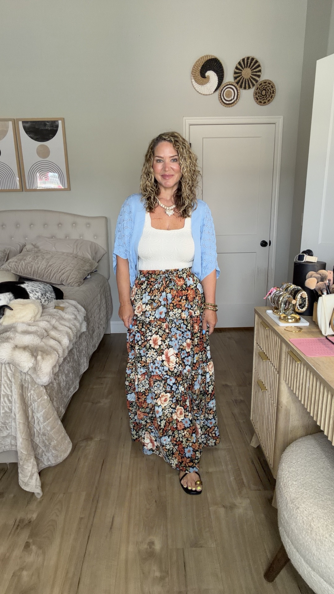 Cardigans size large or “one size”
Tank tops size large 
Floral skirt and blue printed pants size medium 
Polka dot skort and black floral pants size large. 
Shoes tts

#LTKOver40 #LTKMidsize #LTKPetite
