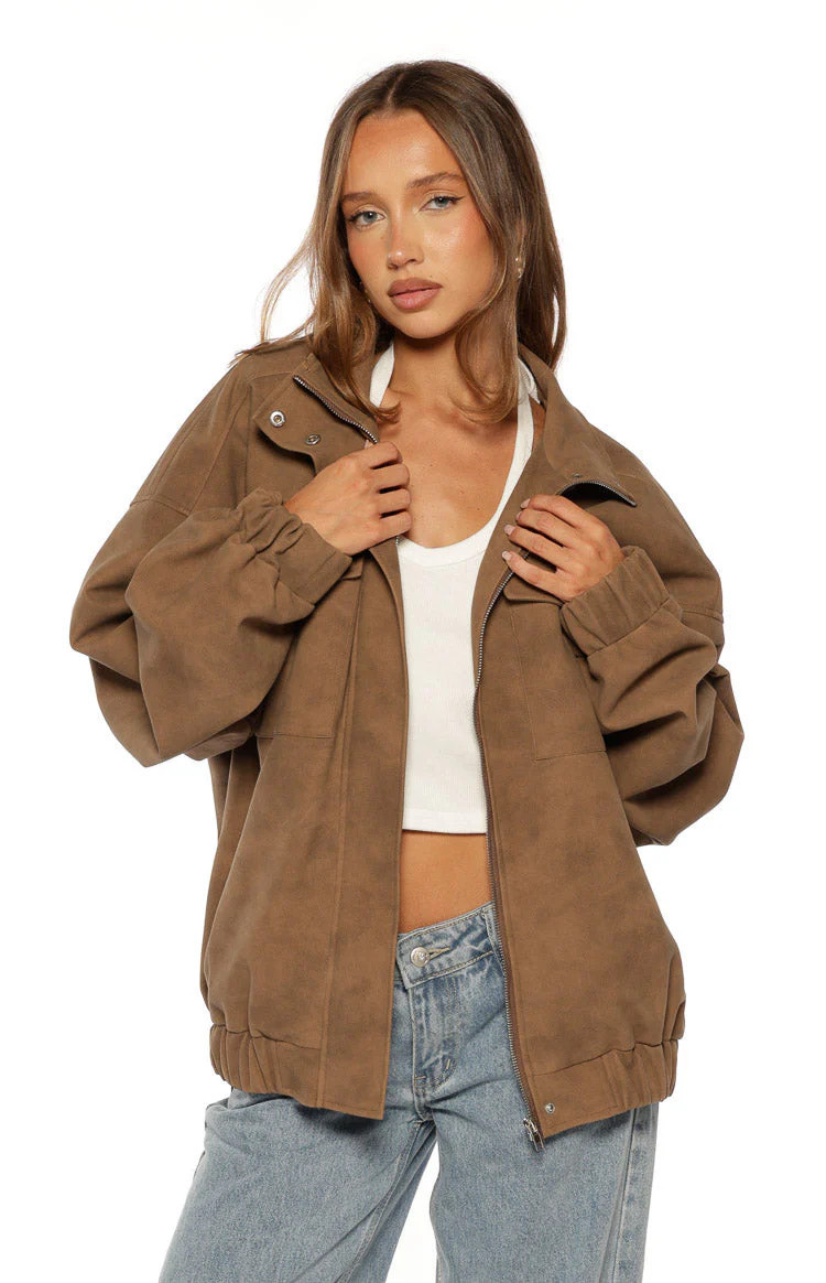 Sapna Brown Oversized Funnel Neck Suedette Jacket | Beginning Boutique | Beginning Boutique (US)