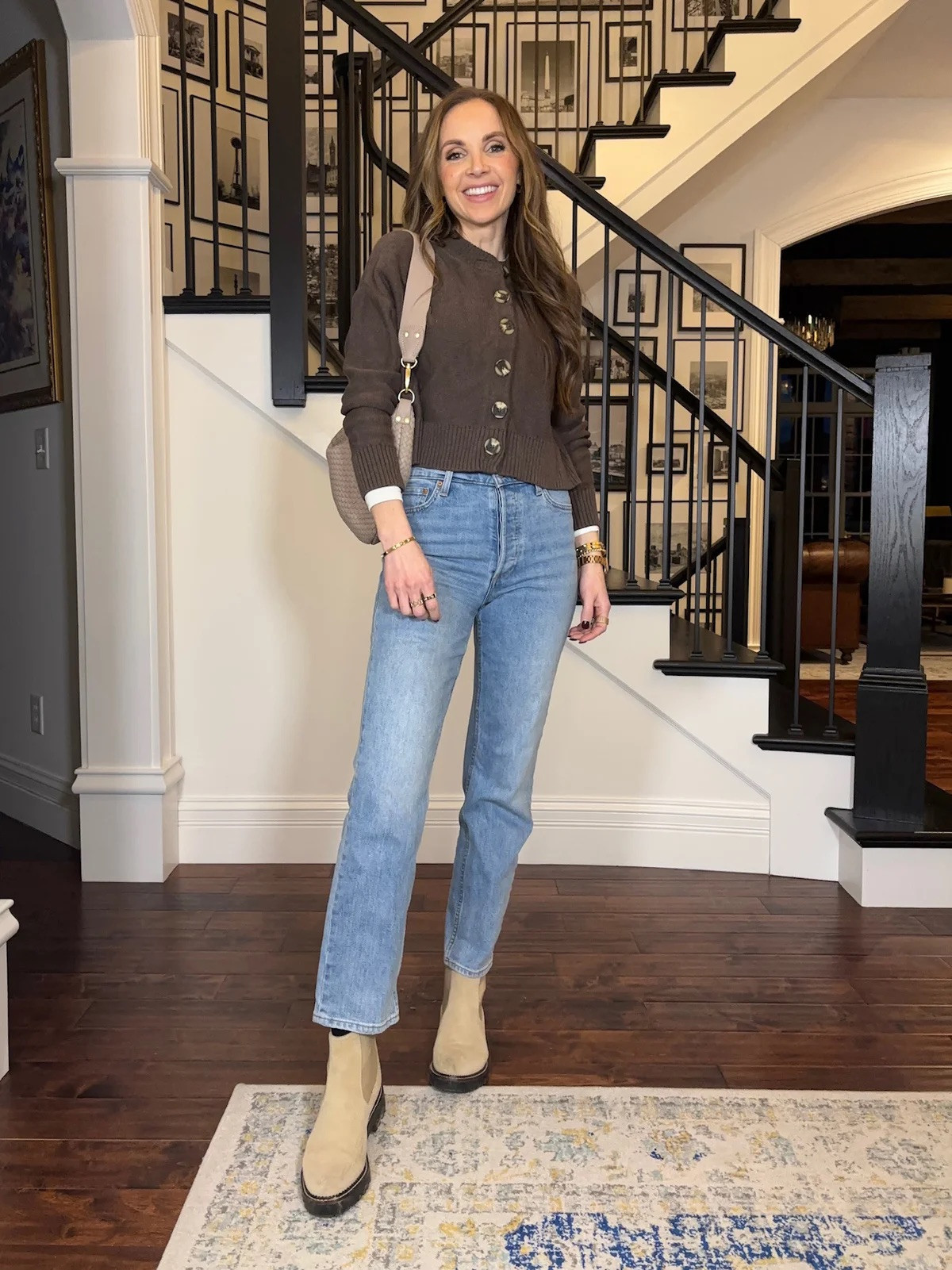 Button up @quince brown cardigan with light wash jeans + ankle boots for casual winter style 

#LTKStyleTip #LTKSeasonal