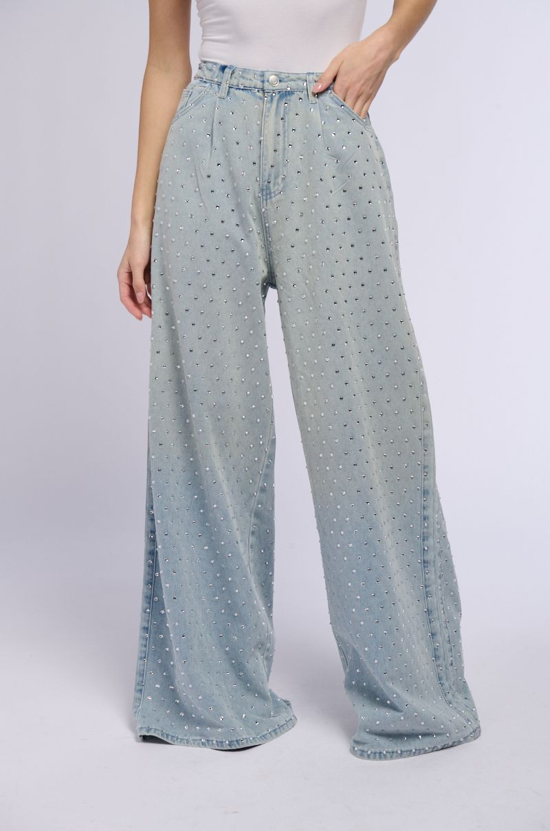 DAZZLED RHINESTONE STUDDED EXTRA LONG DENIM PANTS | AKIRA