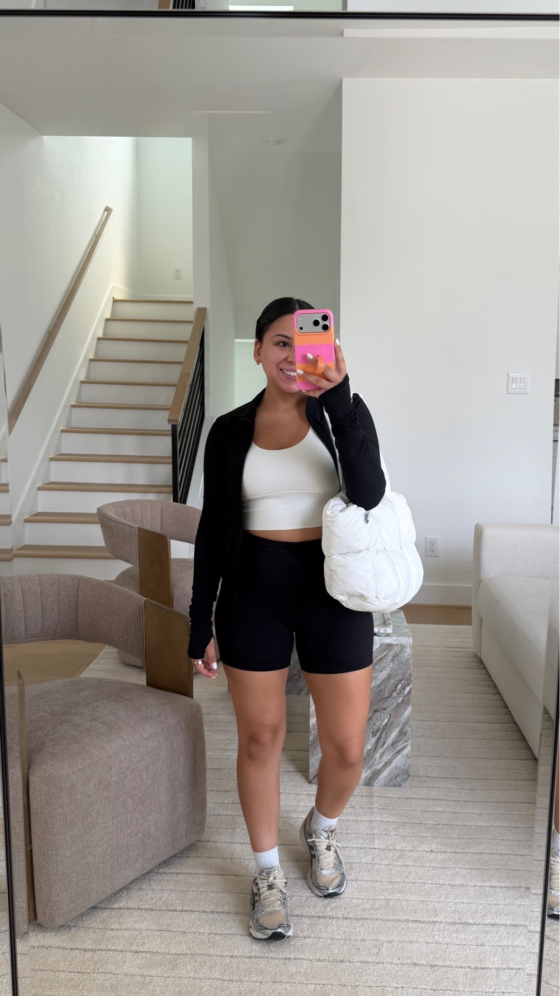 Shorts: small
Sports bra: 2 
Jacket: small
White socks 
Sneakers: 6.5 women 
Puffer tote bag

#LTKgrwm #LTKootd #LTKActive