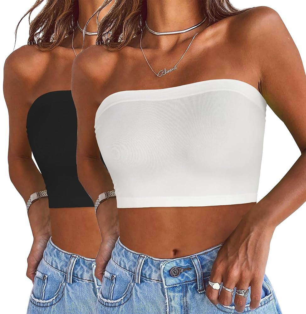 Womens Tube Tops Summer Bandeau Casual Crop Top Going Out Strapless Tank Basic Short Shirt | Amazon (US)