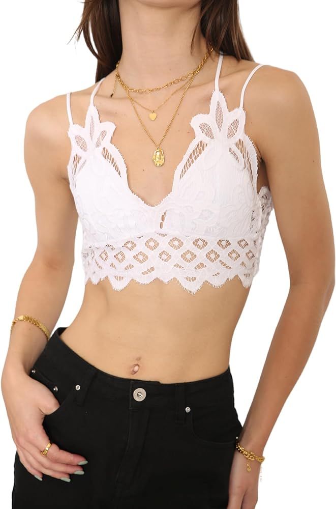 Anna-Kaci Women's Boho Floral Crochet Lace Adjustable Strap Bralette Bra Crop Bikini Tops | Amazon (US)