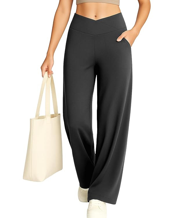 Women's Wide Leg Yoga Pants, High Waist Crossed Waist, Side Pockets, Loose Straight Cut, Anti-wri... | Amazon (ES)