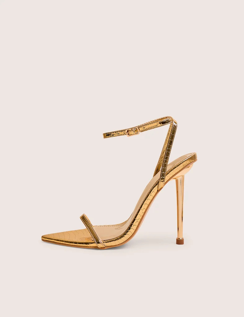 Legacy Gold Croc Barely There Pointed Toe Gold Stiletto Heels | Public Desire