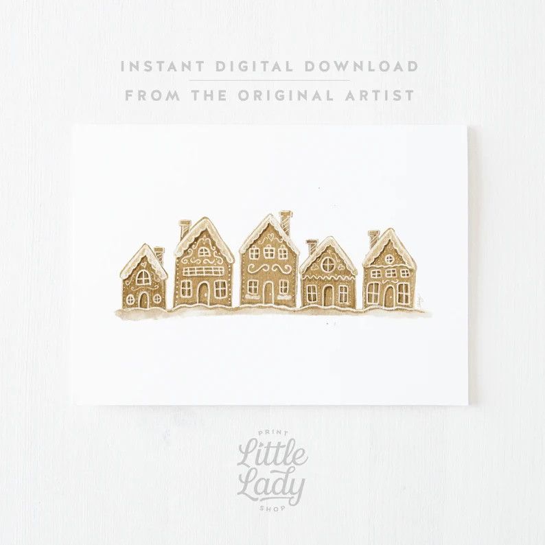 Gingerbread House Village Christmas Print, Neutral Christmas Decor, Printable Wall Art, Hand-draw... | Etsy (US)
