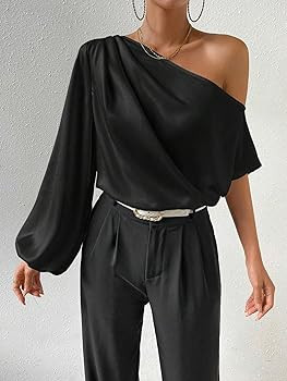 Cozyease Women's Elegant Asymmetrical Neck Lantern Sleeve Blouse Solid Long Sleeve Top | Amazon (US)