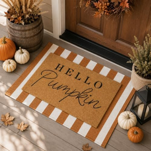 Tinideya 2 Pcs Hello Pumpkin Layered Doormat Set, White Orange | Amazon (US)