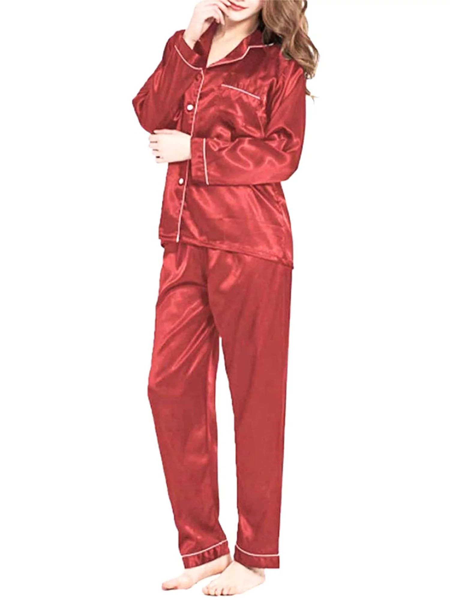 EYIIYE Women Silk Satin Button Long Sleeve Pajamas Pyjamas Loungewear Sleepwear Sets S-XL - Walma... | Walmart (US)