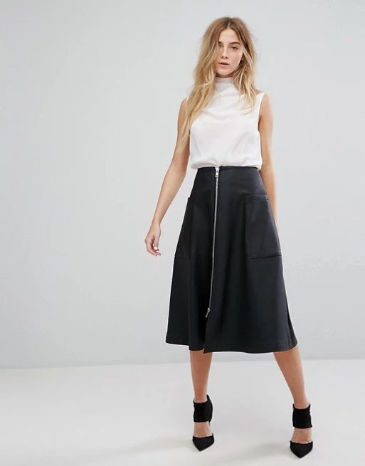 ASOS Leather Look Midi Skirt with Zip and Pockets | ASOS US
