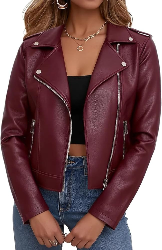 Ommiivex Women Leather Jacket Faux Cropped Coat Cute Short Zip Up for Casual Rock Concert Game Da... | Amazon (US)