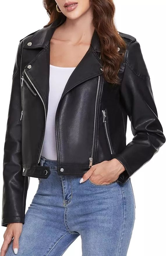 Fahsyee Women's Faux Leather Jackets, Zip Up Motorcycle Short PU Moto Biker Outwear Fitted Slim Coat