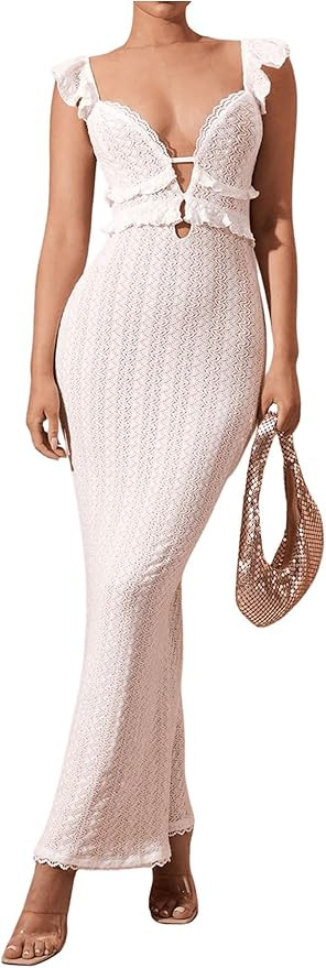 SOLY HUX Women's Maxi Dress Crochet Ruffle Sleeveless Backless Bodycon Long Dresses | Amazon (US)