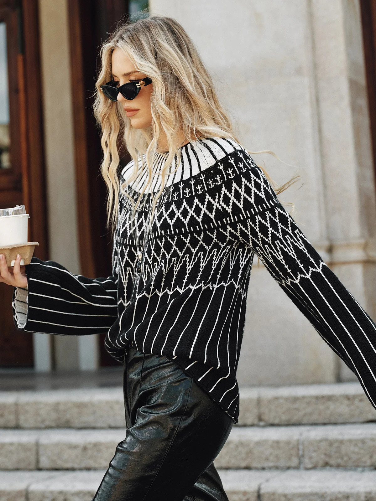 Fair Isle Pattern Bell Sleeve Sweater | Commense