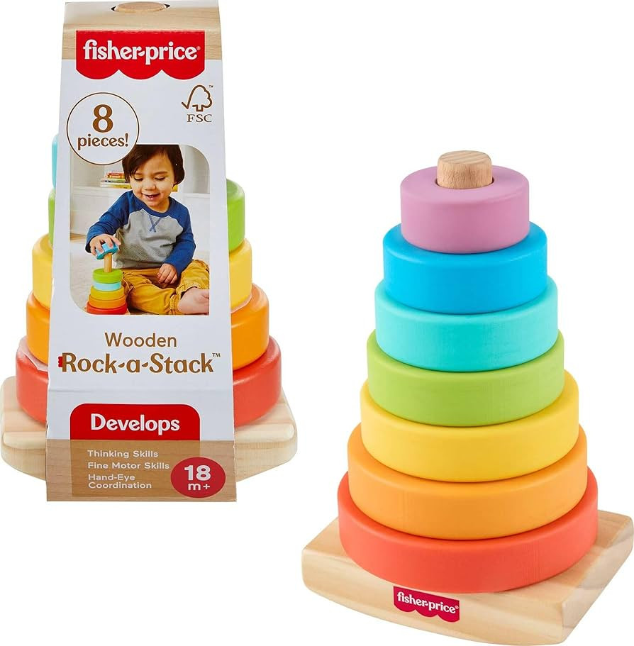 Fisher-Price Wood Toddler Toy Rock-a-Stack, 8-Piece Wooden Ring Stacking Activity for Fine Motor ... | Amazon (US)
