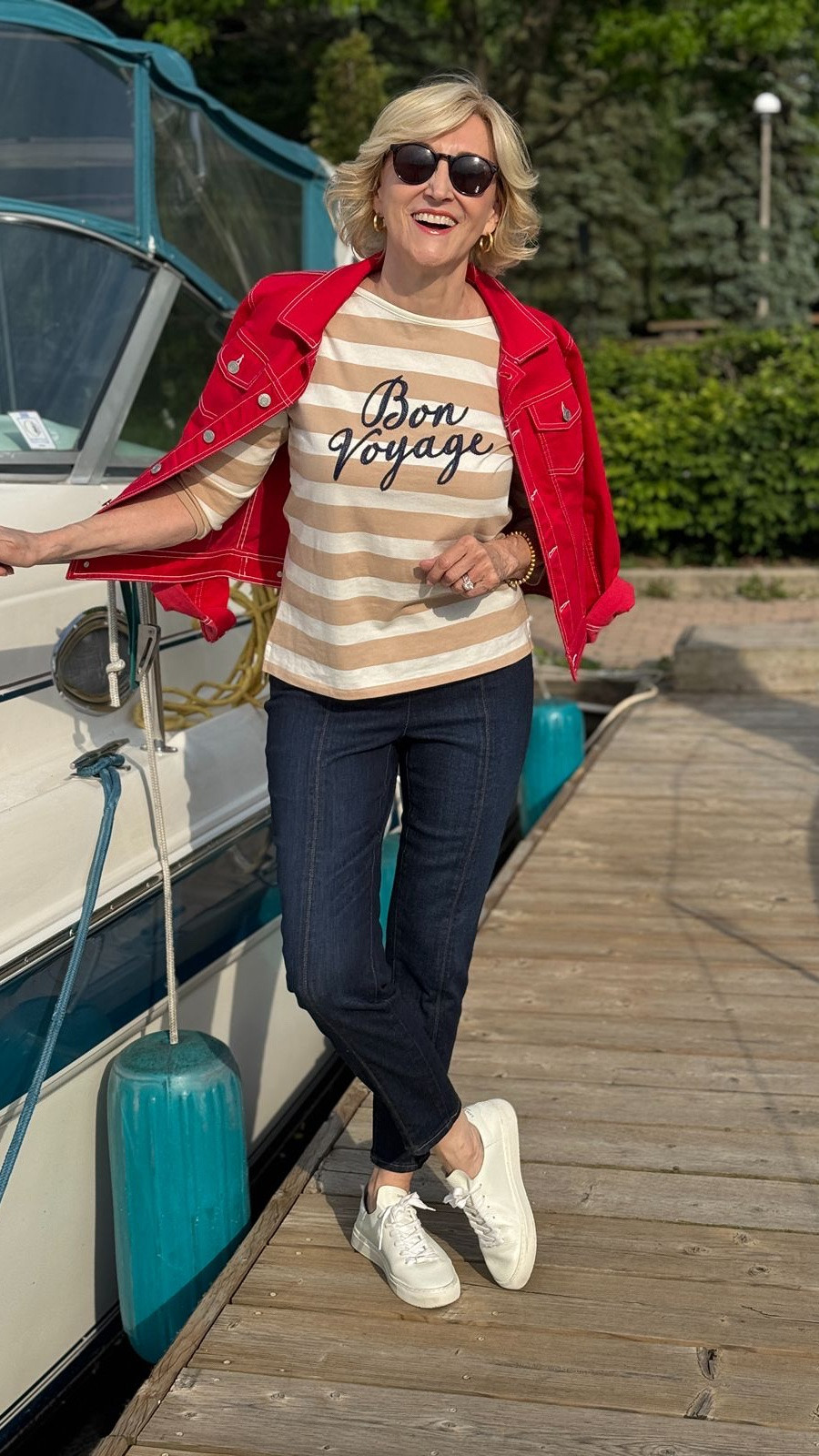 I’m always a fan of a classic striped top, but adding this bright red denim jacket takes the whole look up a notch! ❤️ The beige “Bon Voyage” top paired with cropped denim feels so easy and timeless, while the pop of red adds a fun, confident touch.

It’s the kind of outfit that makes me want to book a little getaway… bon voyage, indeed! ✈️😉

#LTKOver40 #LTKSeasonal #LTKootd