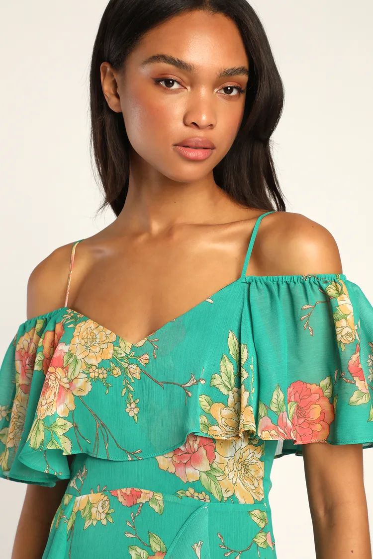 Romantic Love Green Floral Print Cold-Shoulder Midi Dress | Lulus (US)