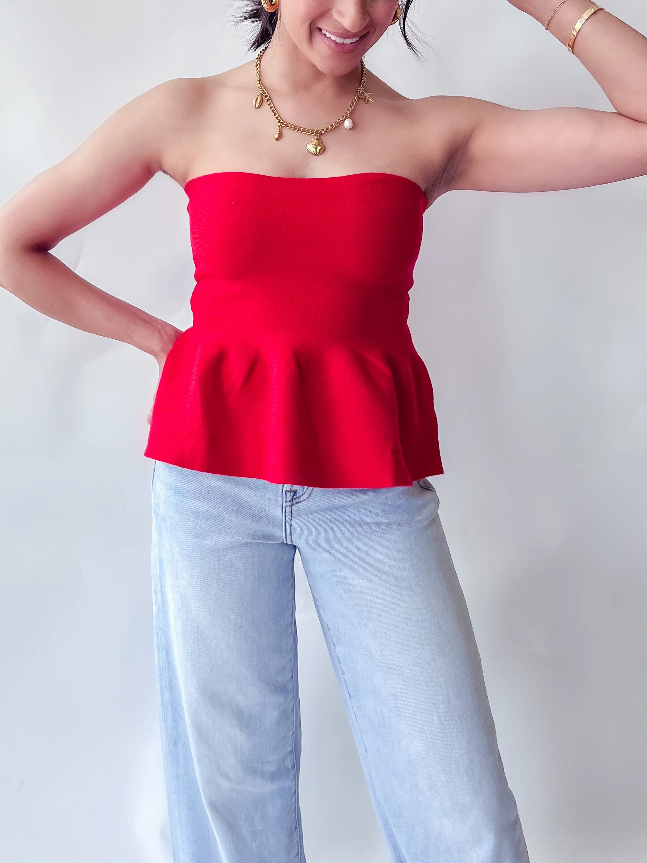CRIMSON PEPLUM TUBE TOP | Harper's Den