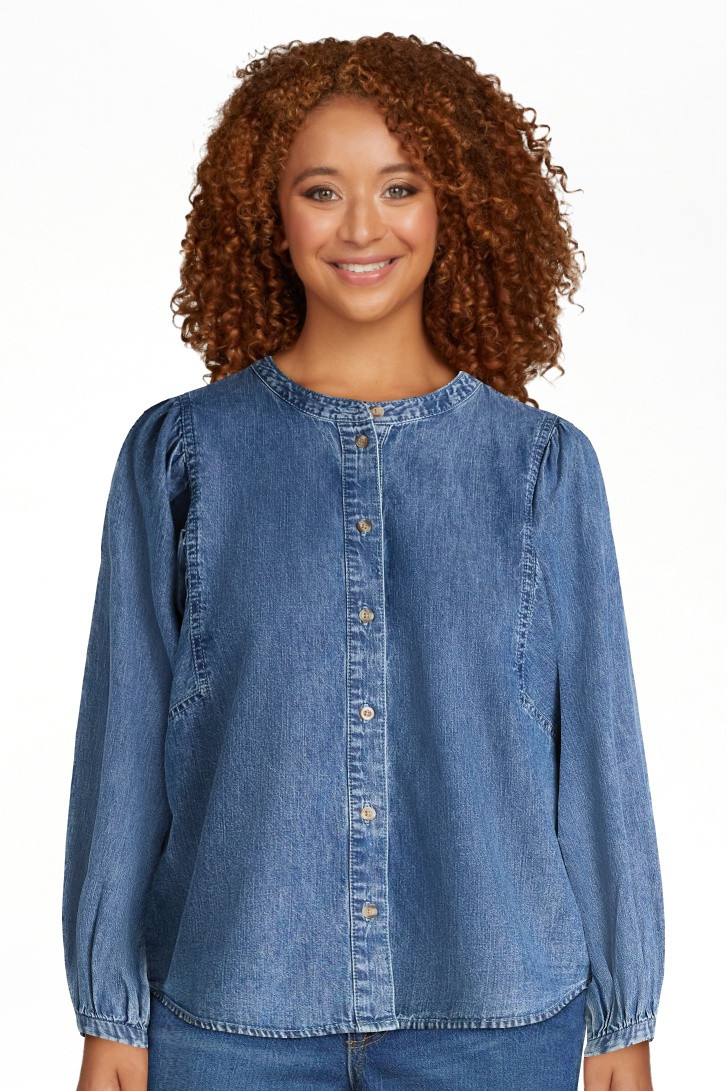 Scoop Women's Cotton Denim Shirt with Blouson Sleeves, Sizes XS-XXL | Walmart (US)