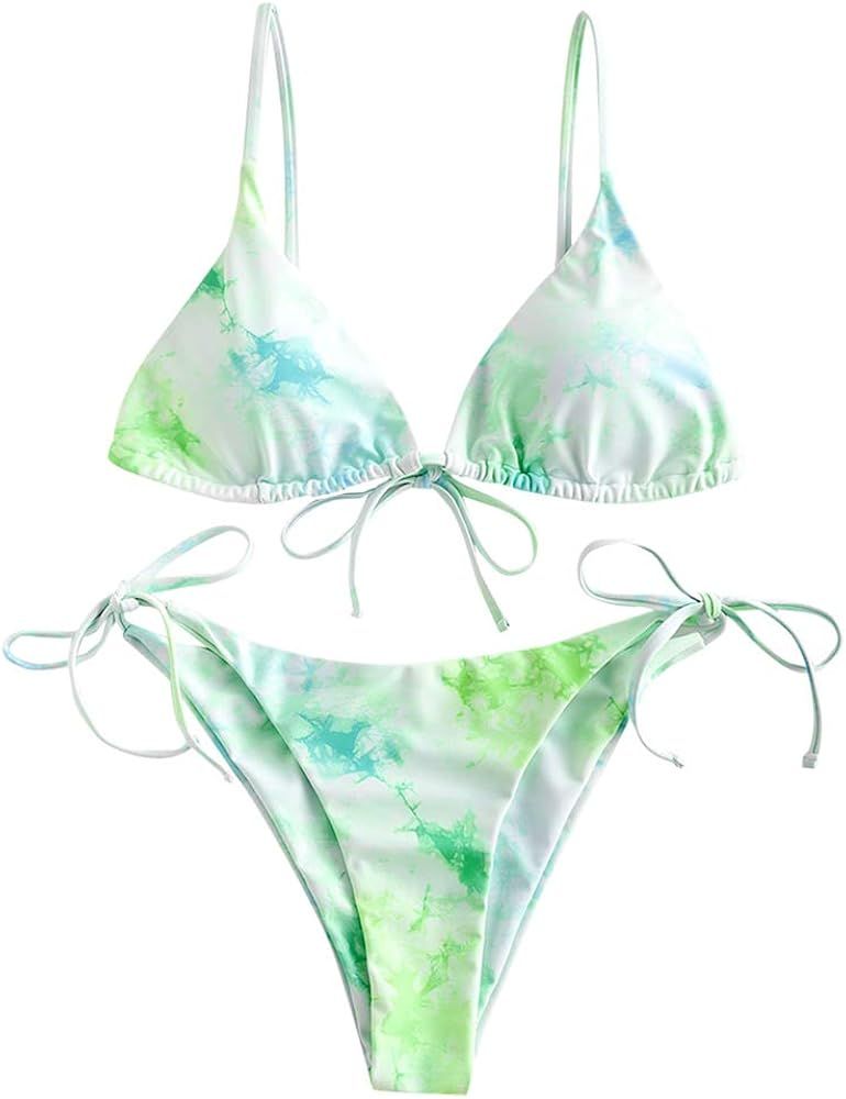 Women's Tie Dye Cinched String Triangle Bikini Set Three Piece Swimsuit | Amazon (US)