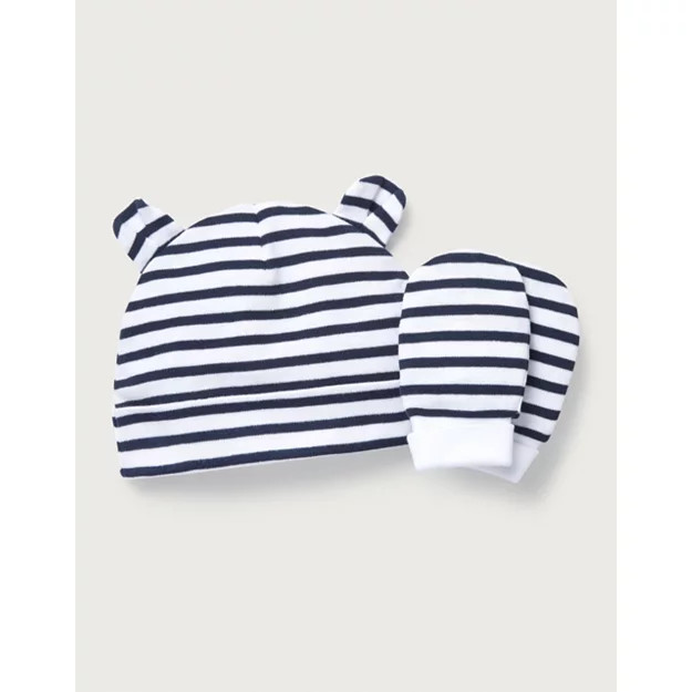 Organic Cotton Navy Stripe Hat & Mitts Set (0–12mths) | The White Company (UK)