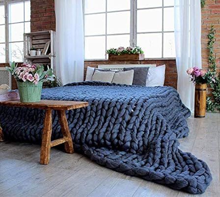 ERLYEEN Chunky Knit Blanket Merino Wool Hand Made Throw Boho Bedroom Home Decor Giant Yarn,Navy,4... | Amazon (US)