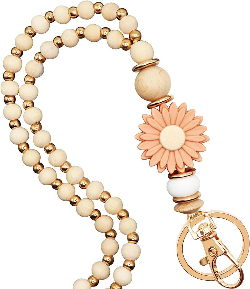Wooden Teacher Lanyards for Id Badge Cute Flower Wood and Gold Beaded Lanyards for Women for Nurs... | Amazon (US)