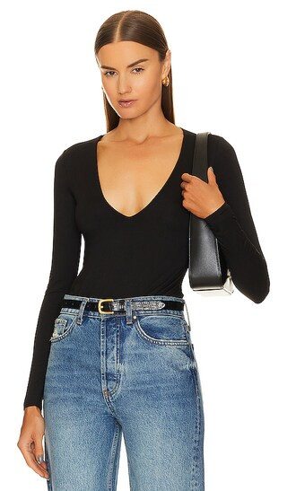 x REVOLVE Luxe Knit V-neck Bodysuit in Black | Revolve Clothing (Global)