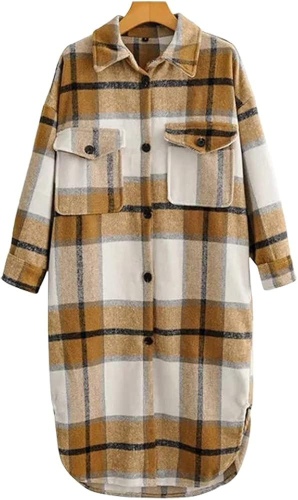 Long Thick Plaid Flannel Shirt Jackets for Womens Casual Oversized Wool Blended Coat Button Down ... | Amazon (US)