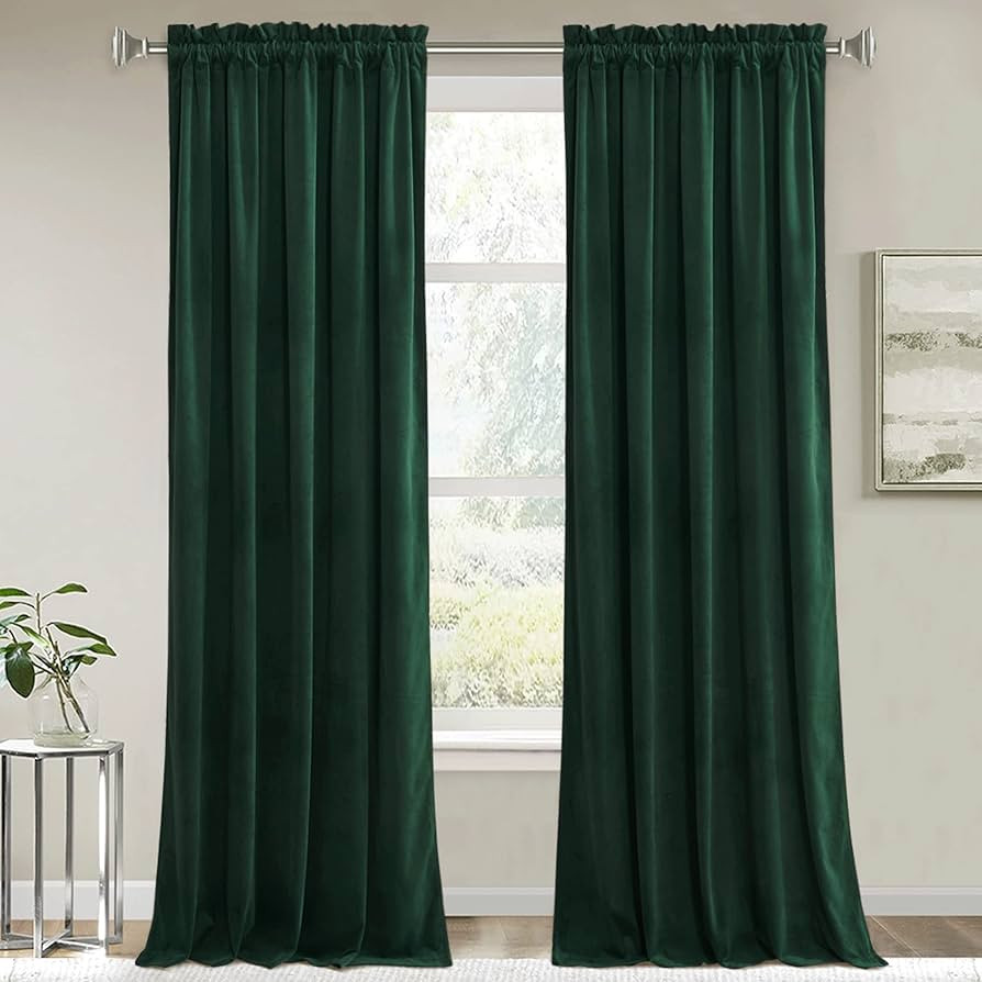 RYB HOME Green Velvet Curtains & Drapes - Half Blackout Thermal Insulating Soft Window Curtains f... | Amazon (US)