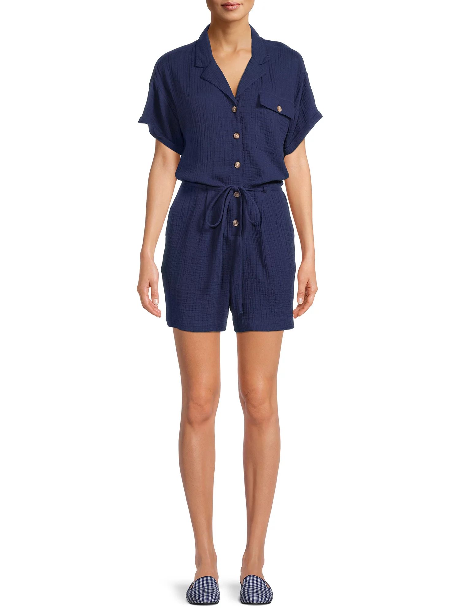 Beach Lunch Lounge Womens Cuff Sleeve Button Romper with Tie Waist | Walmart (US)