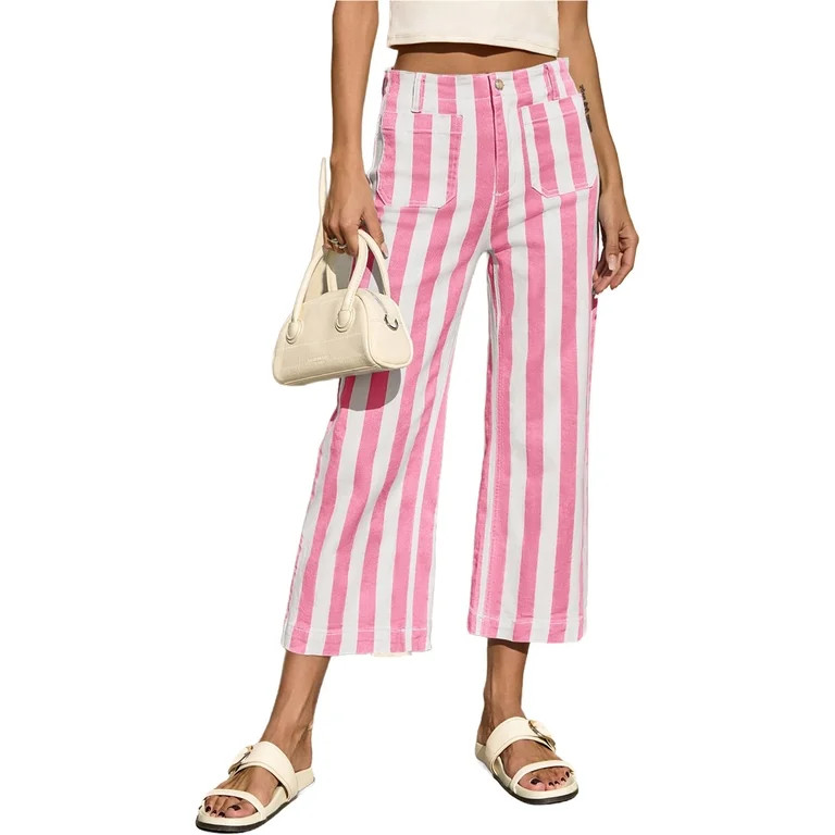 High Waist Women Stripe Print Casual Pants Ankle Length Capris Straight Trousers | Walmart (US)