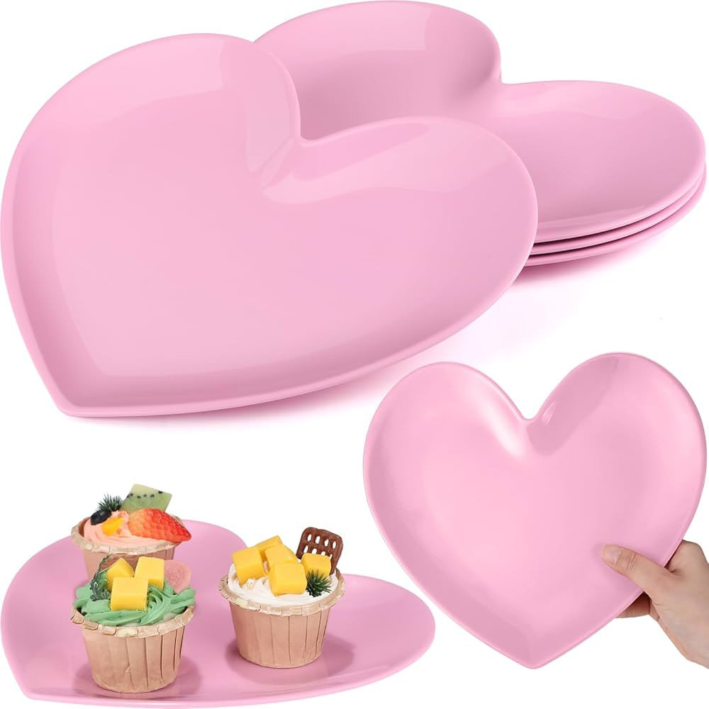 Nuogo 4 Pcs 11 Inch Heart Shaped Plates Large Valentine's Melamine Plates Unbreakable Heart Desse... | Amazon (US)